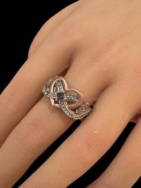 Heart-Shaped Silver Tone Ring With Pink & Purple Accents Size 9